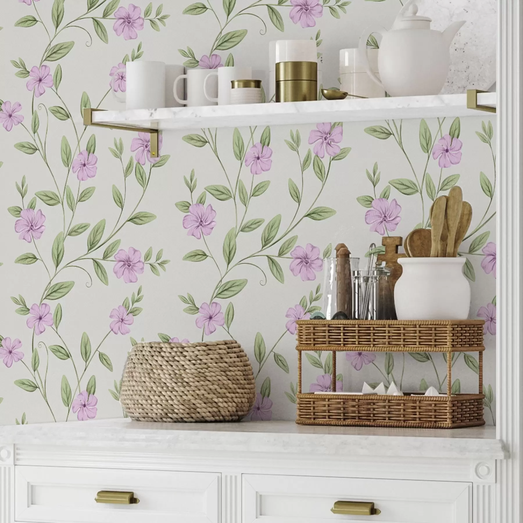 fototapet Flori roz cu viță de vie verde pe un fundal crem a00453