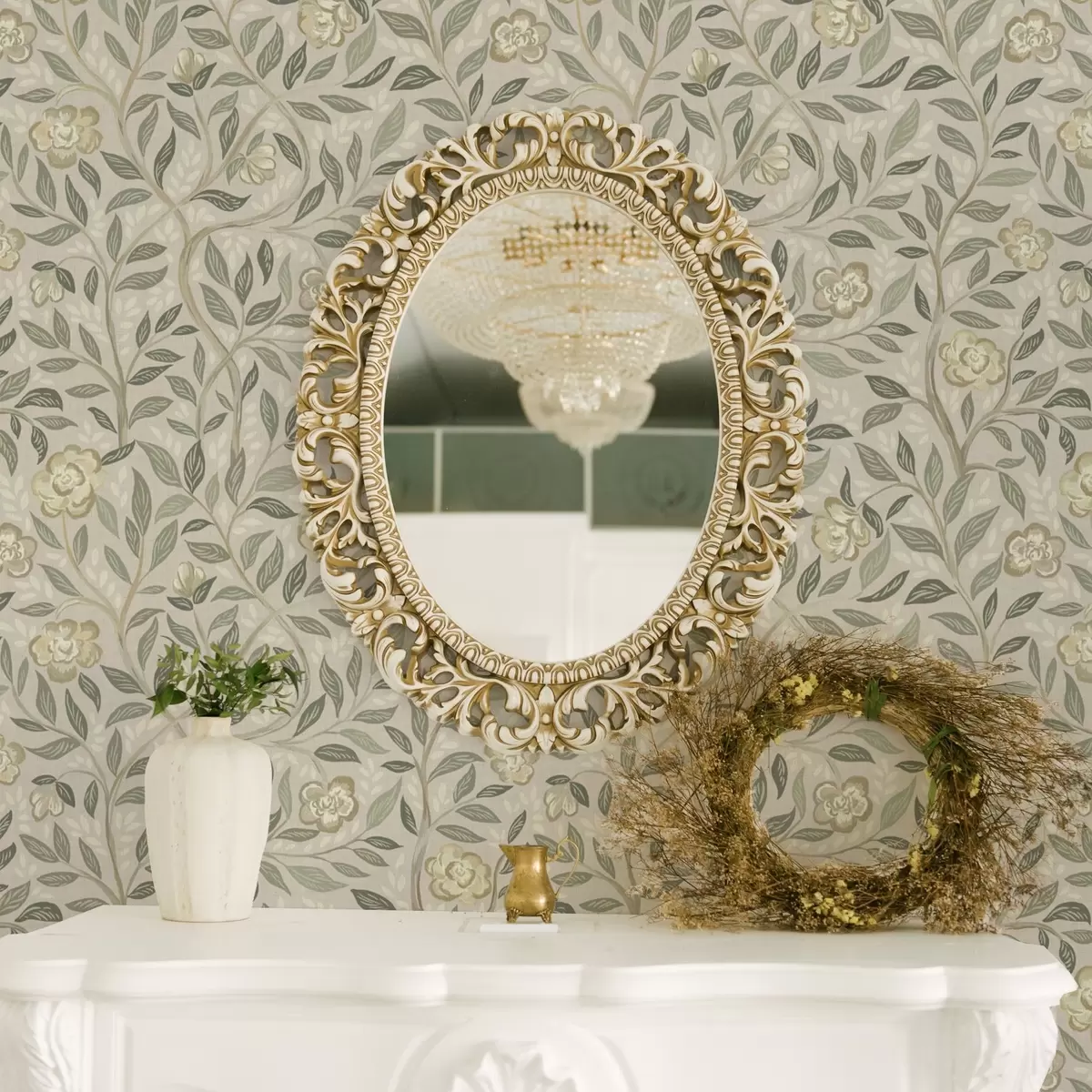 Wallpaper Trandafiri crem și frunze de măslin pe fundal roz prăfuit a00455