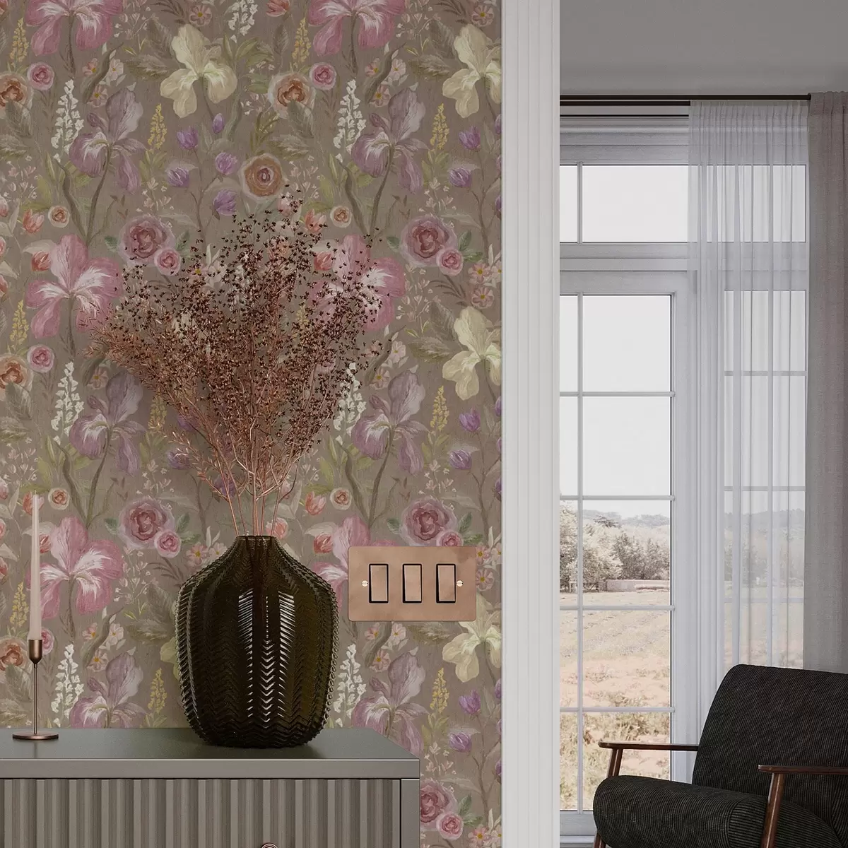 Wallpaper Vintage roz iris model de flori pe fundal texturat bej a00457