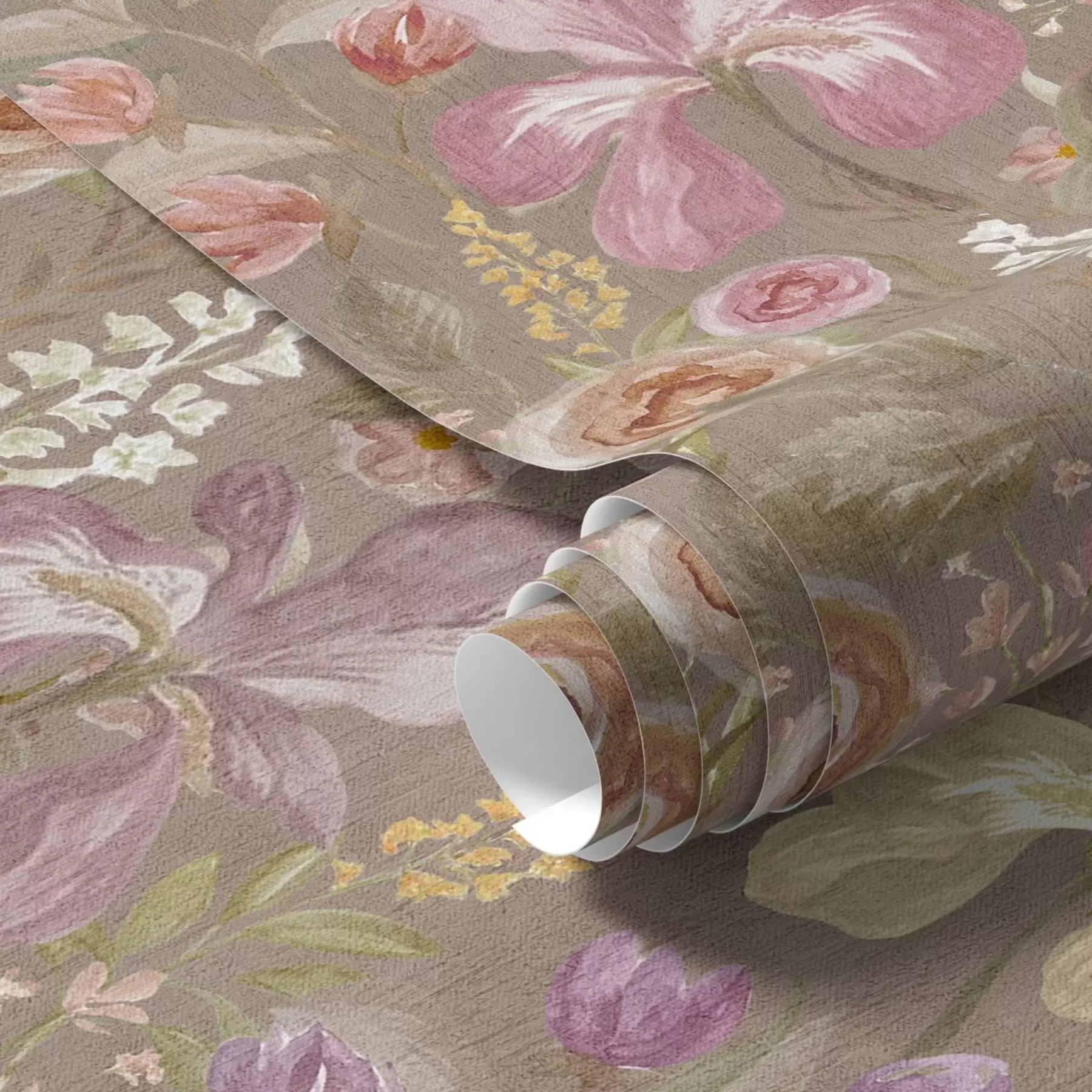 fototapet Vintage roz iris model de flori pe fundal texturat bej a00457