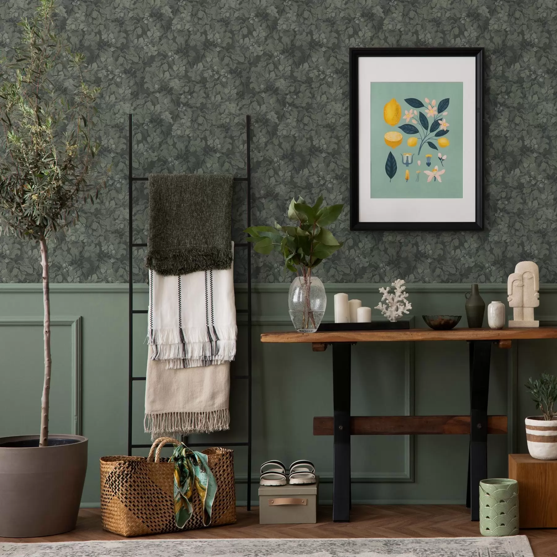 fototapet Textura întunecată a frunzelor cu ghinde în verde intens a00461