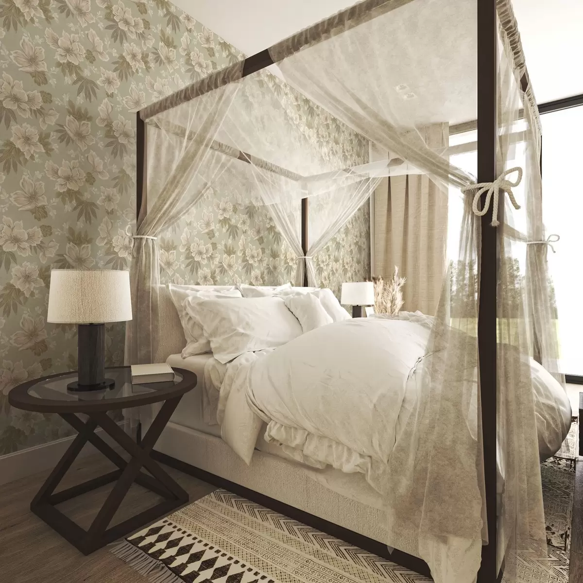 Wallpaper Flori crem pe un fundal verde măsliniu a00462