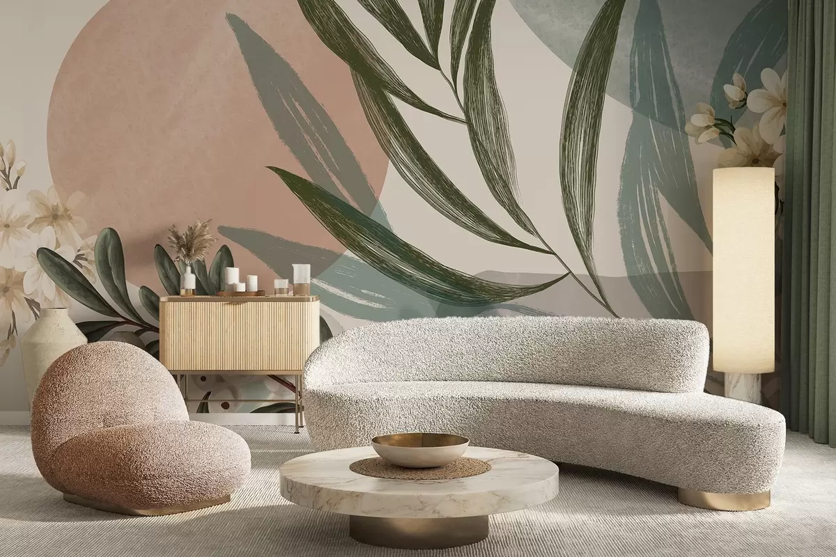 fototapet Artă botanică abstractă cu frunze de palmier verzi și fructe de pădure albe, pe un fundal de forme în tonuri de pământ atenuate w09312