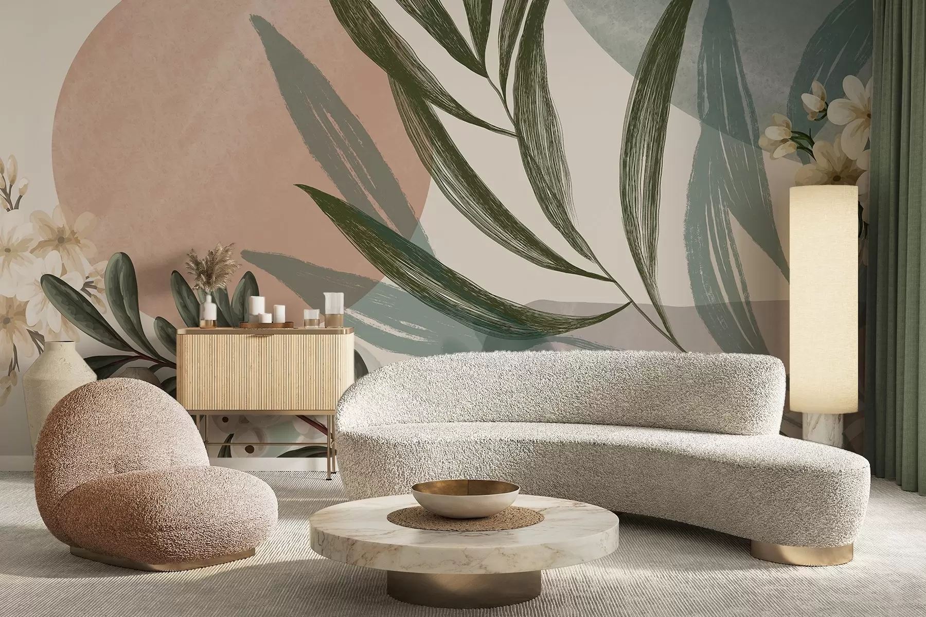 fototapet Artă botanică abstractă cu frunze de palmier verzi și fructe de pădure albe, pe un fundal de forme în tonuri de pământ atenuate w09312