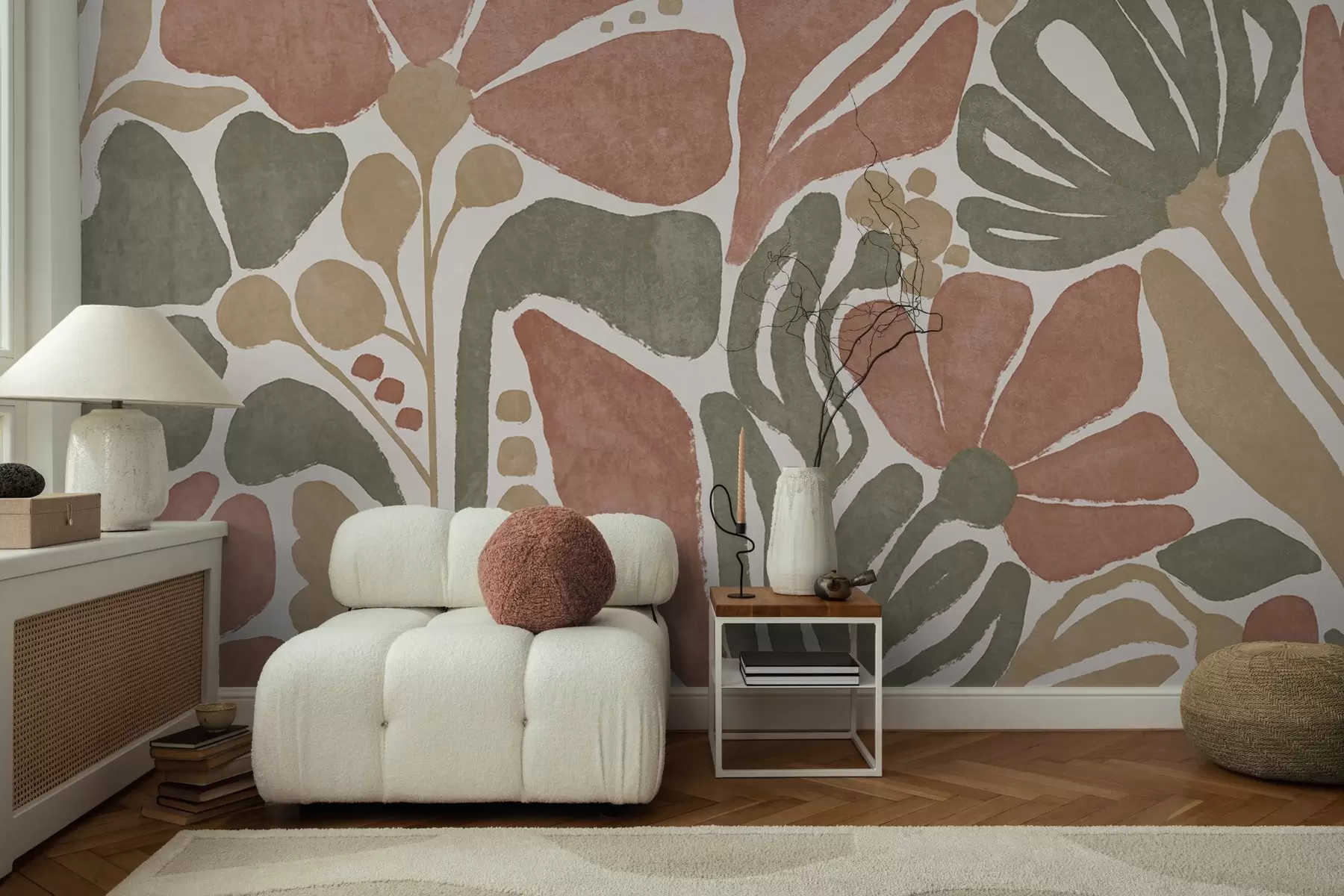fototapet Flori abstracte în nuanțe de roșu, verde și bej, cu un fundal deschis, într-un design plat, stilizat modern minimalist w09315
