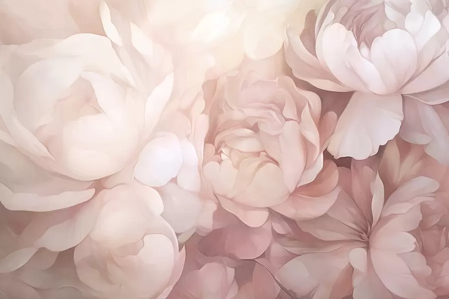 fototapet Bujori roz pastel deschis, cu petale delicate, moi, texturate, aranjate strâns împreună, creând o artă florală densă, iluminare moale w09319