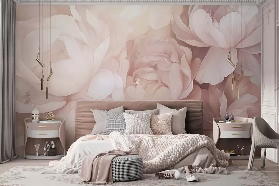 fototapet Bujori roz pastel deschis, cu petale delicate, moi, texturate, aranjate strâns împreună, creând o artă florală densă, iluminare moale w09319