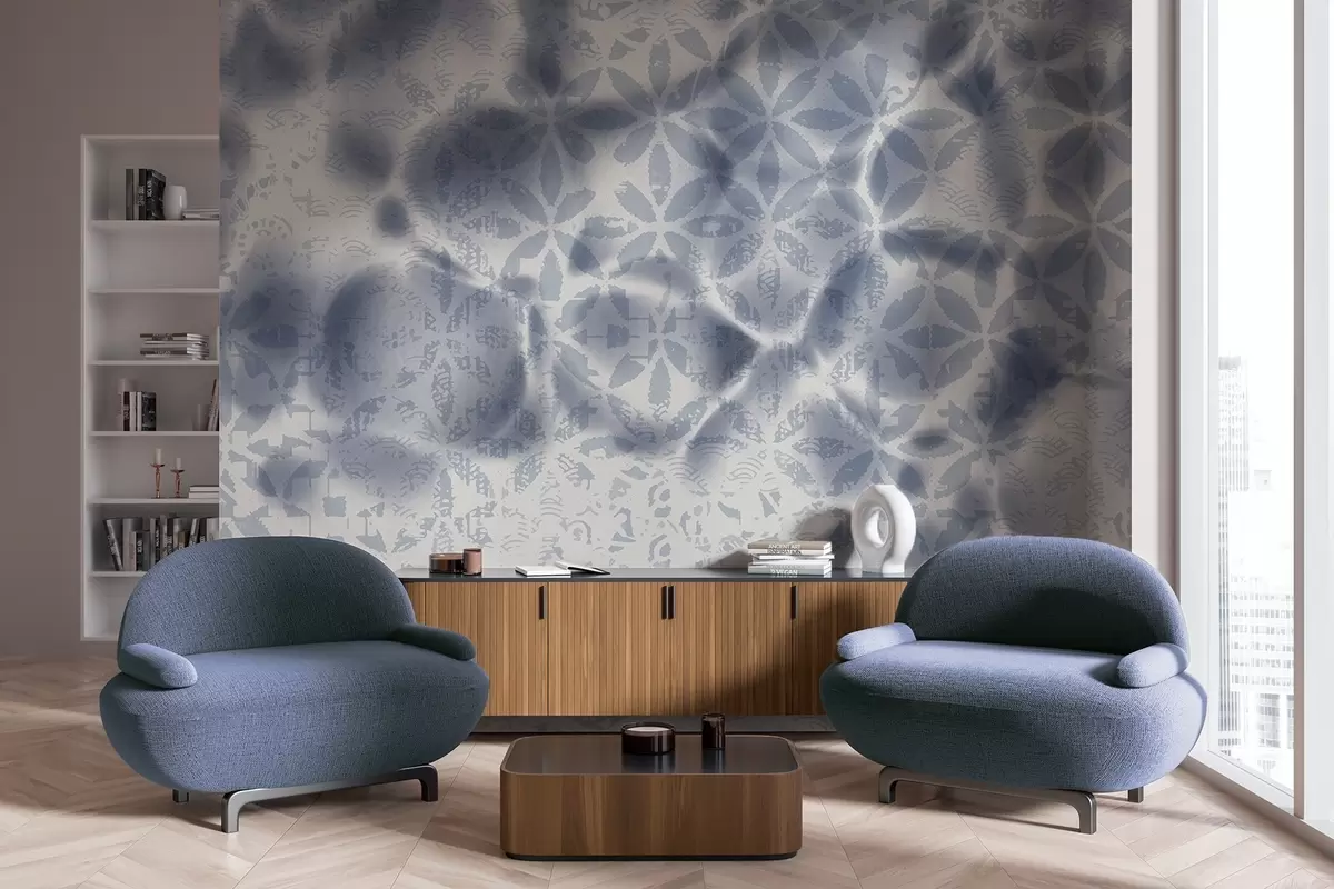 fototapet Artă abstractă texturată cu imprimare florală albastră, efect estompat și neclar, creând o atmosferă moale și visătoare w09322