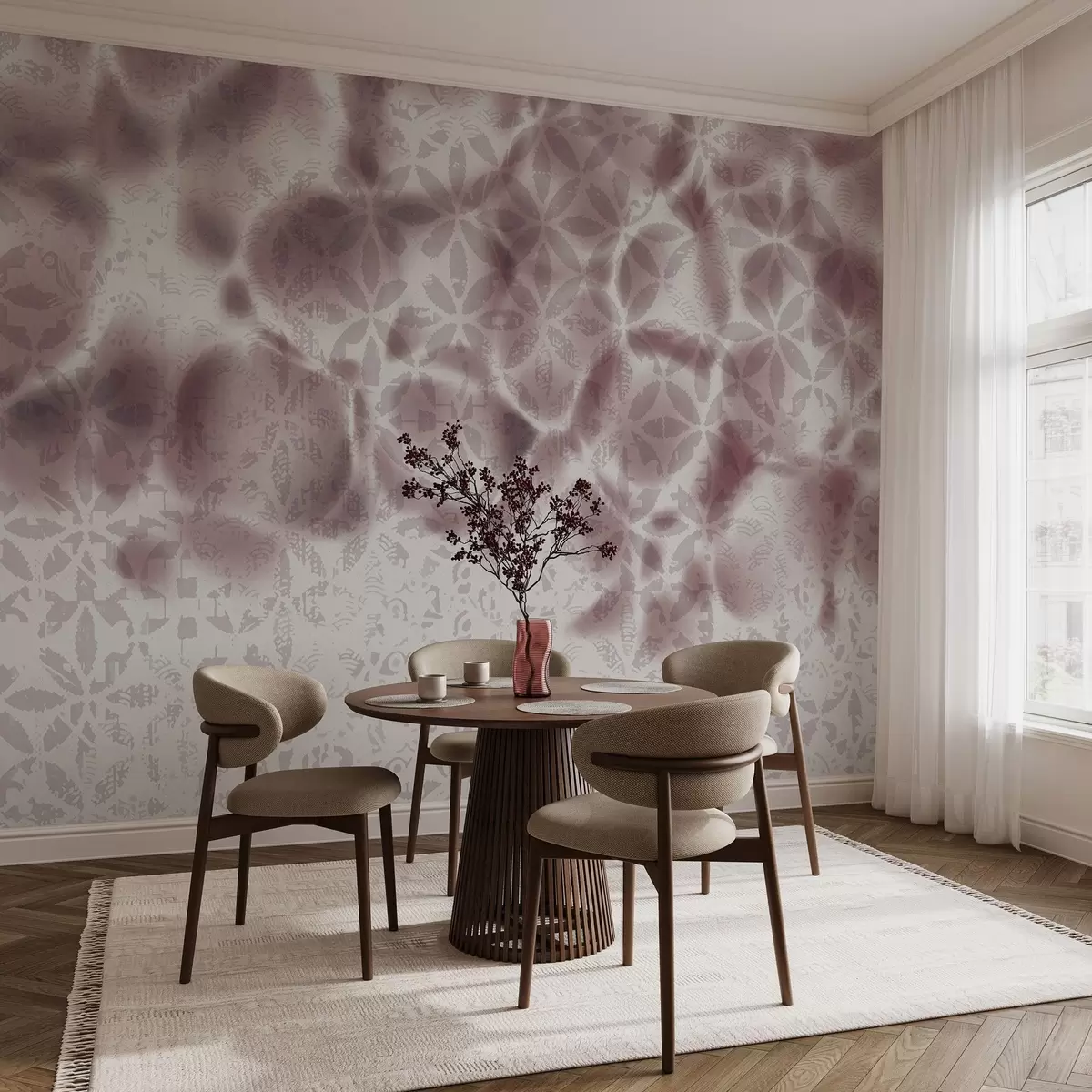 fototapet Artă abstractă texturată cu imprimeu floral bordo, efect estompat și estompat, creând o atmosferă moale și visătoare w09322v1