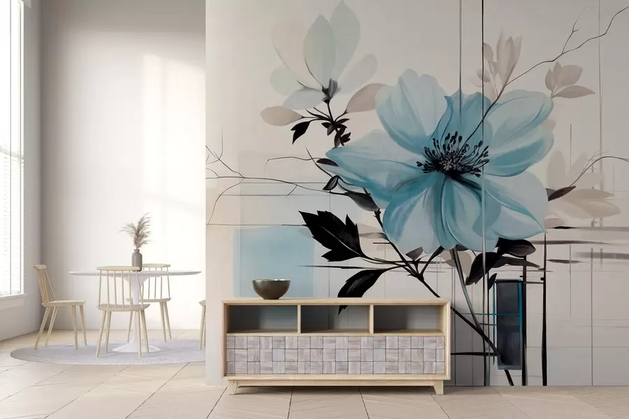 fototapet Floare albastră abstractă texturată cu frunze și ramuri întunecate, forme geometrice minimaliste și linii în culori stinse w09332