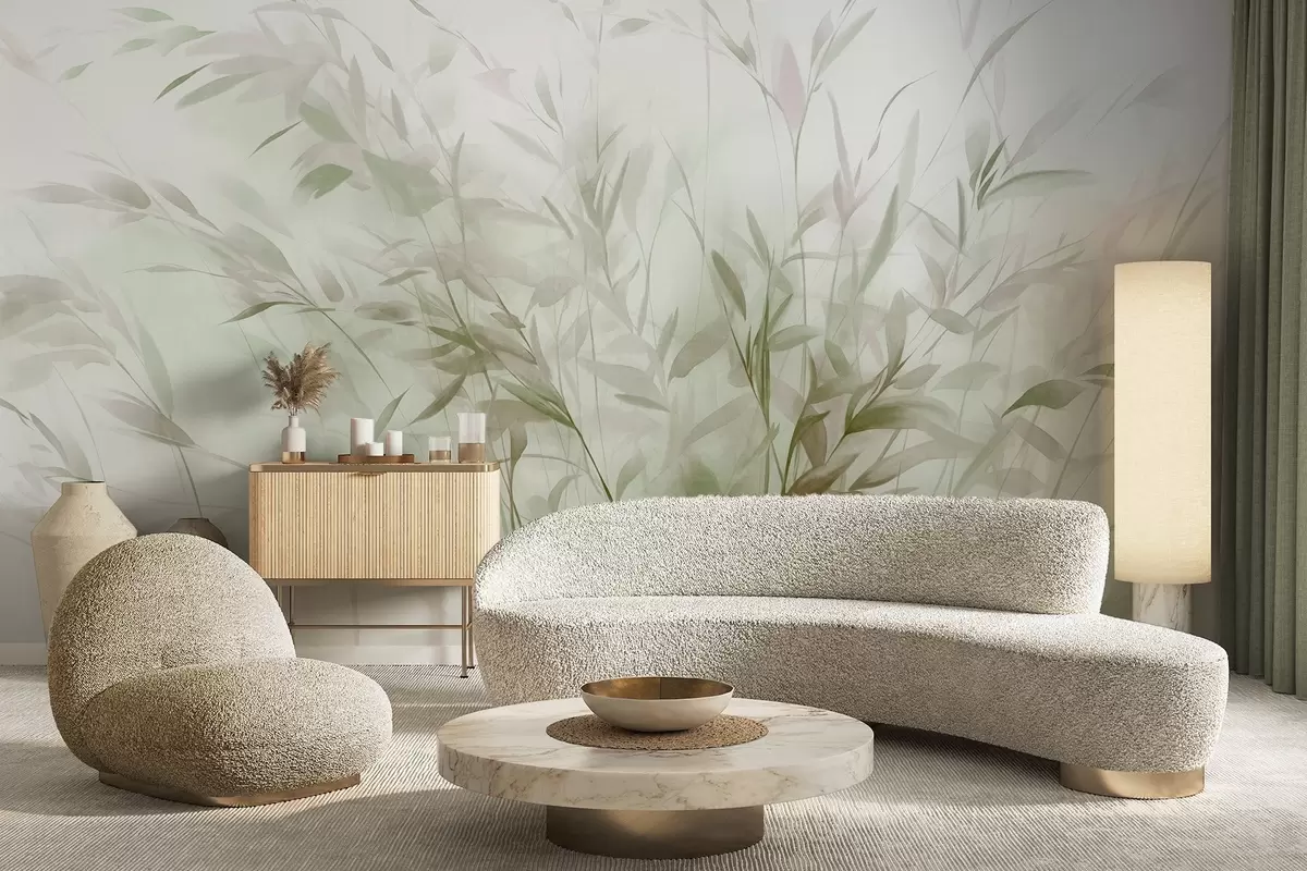 fototapet Iarbă și buruieni cu frunze și tulpini subțiri, culori verde deschis și maro, tușe moi și delicate, print minimalist w09342