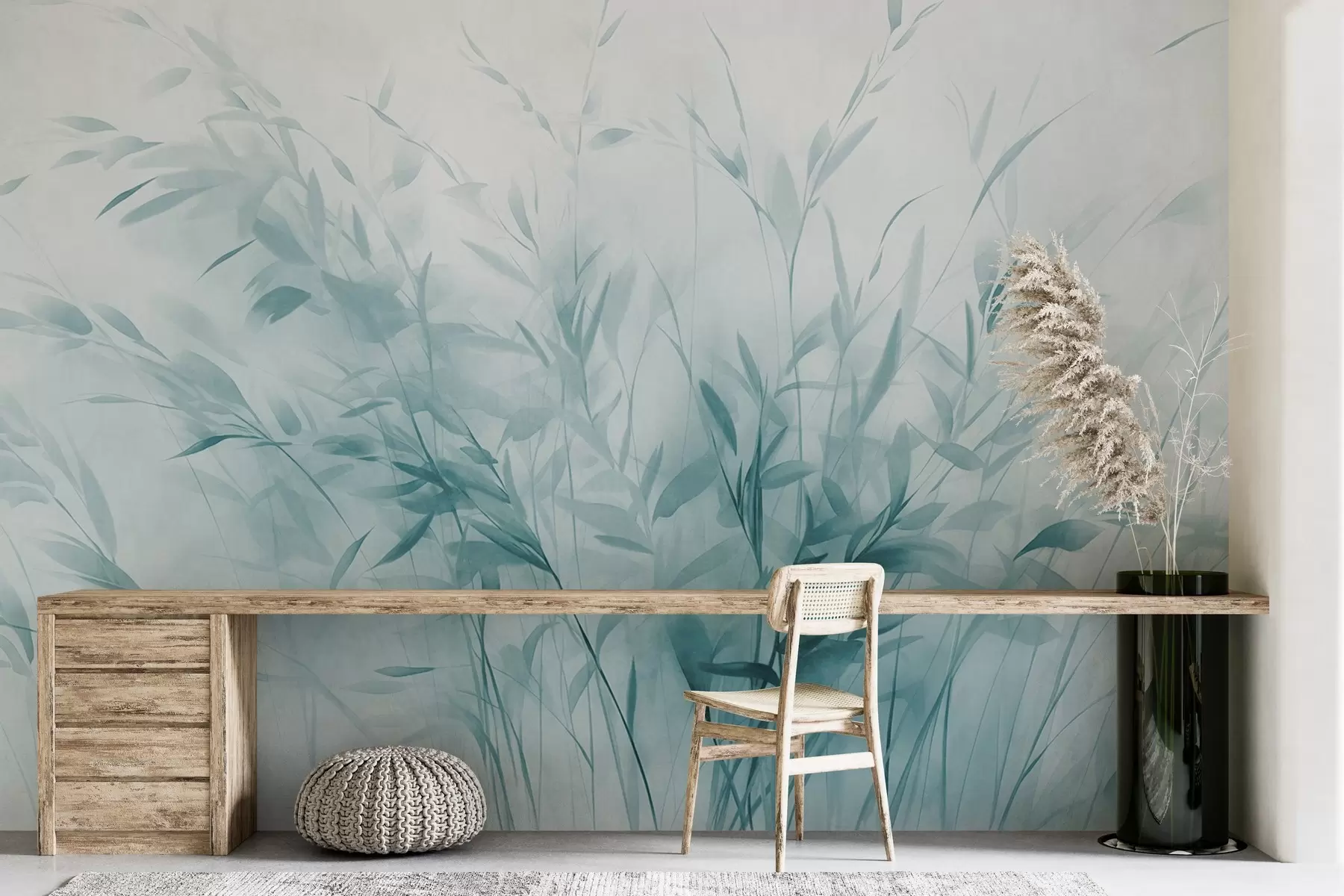 fototapet Iarbă și buruieni cu frunze și tulpini subțiri, culori albastru deschis, tușe moi și delicate, print minimalist w09342v1