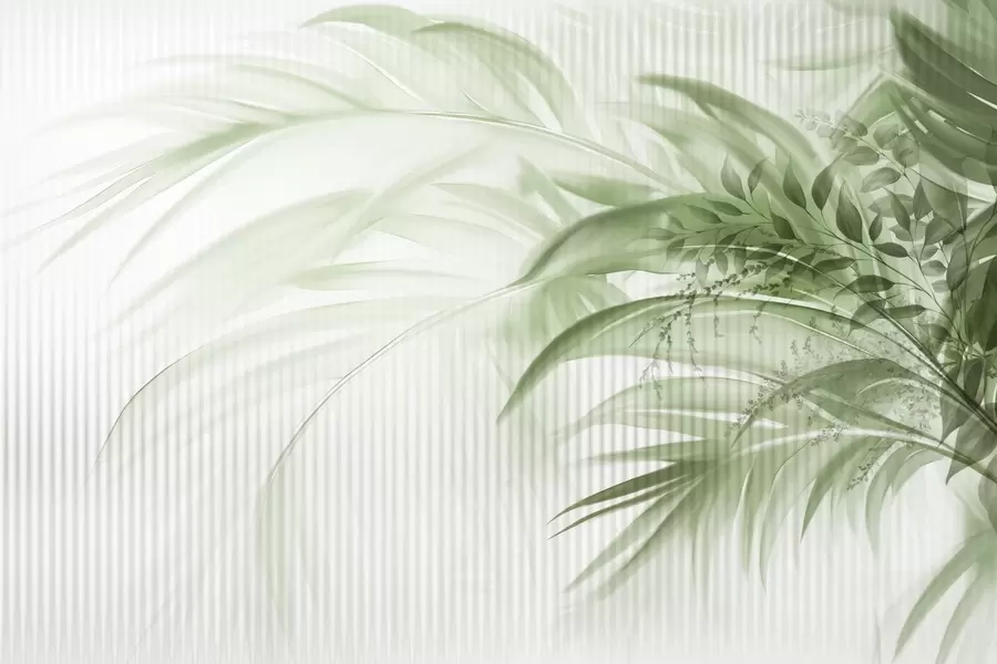 fototapet Palmier tropical frunze verzi cu un fundal cu dungi albe, iluminat moale, tușe delicate, forme organice w09343