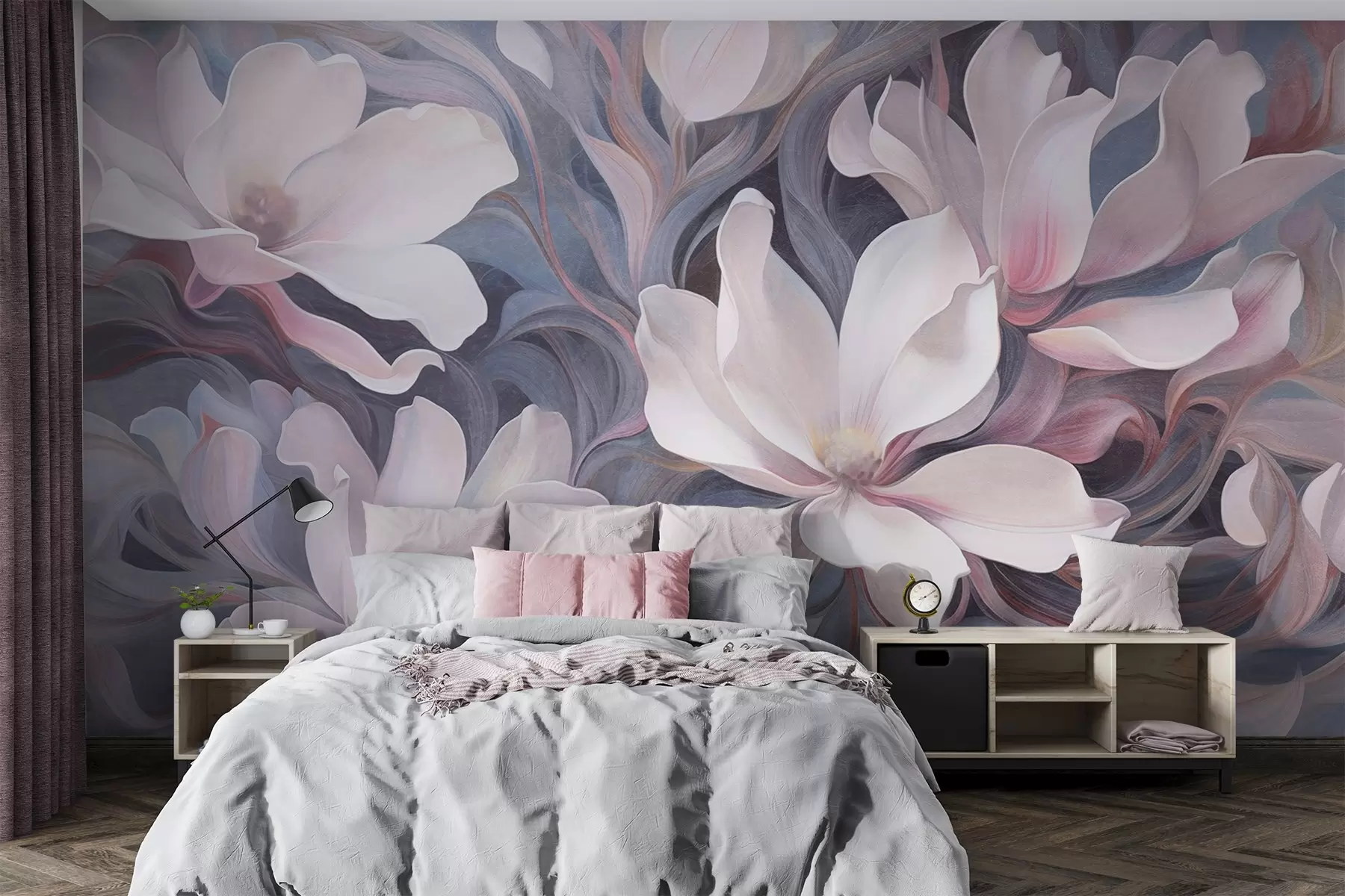 fototapet Tablou texturat cu flori albe de magnolie cu accente roz, pe un fundal de tonuri de albastru și gri w09344