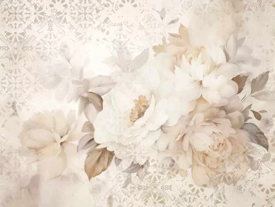 fototapet Un aranjament floral de bujori albi cu frunze bej, pe un fundal decorativ cu o textură vintage w09345
