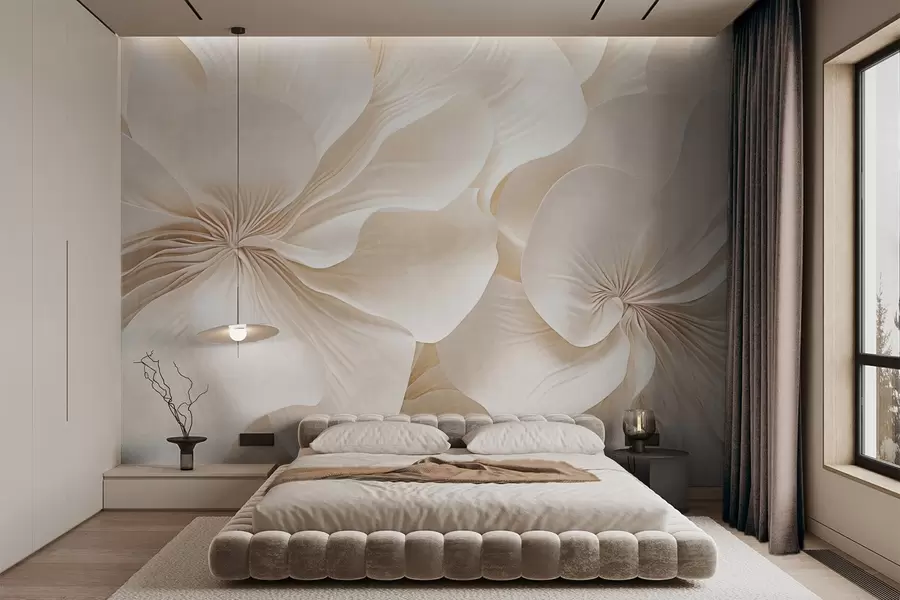 fototapet Close-up de flori cu textură cremoasă, cu petale delicate, care curg, creând un aranjament floral moale, elegant și texturat w09346