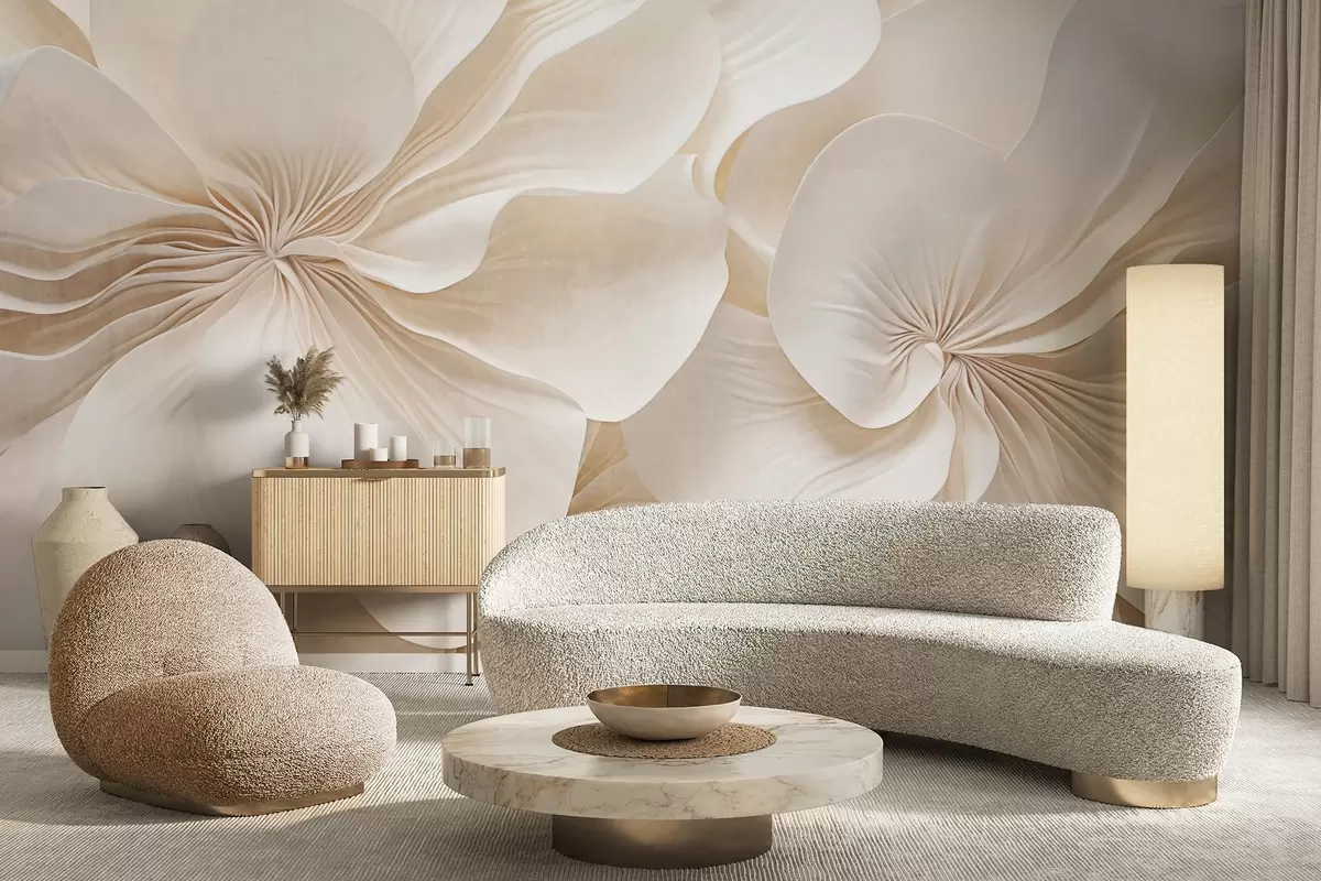 fototapet Close-up de flori cu textură cremoasă, cu petale delicate, care curg, creând un aranjament floral moale, elegant și texturat w09346