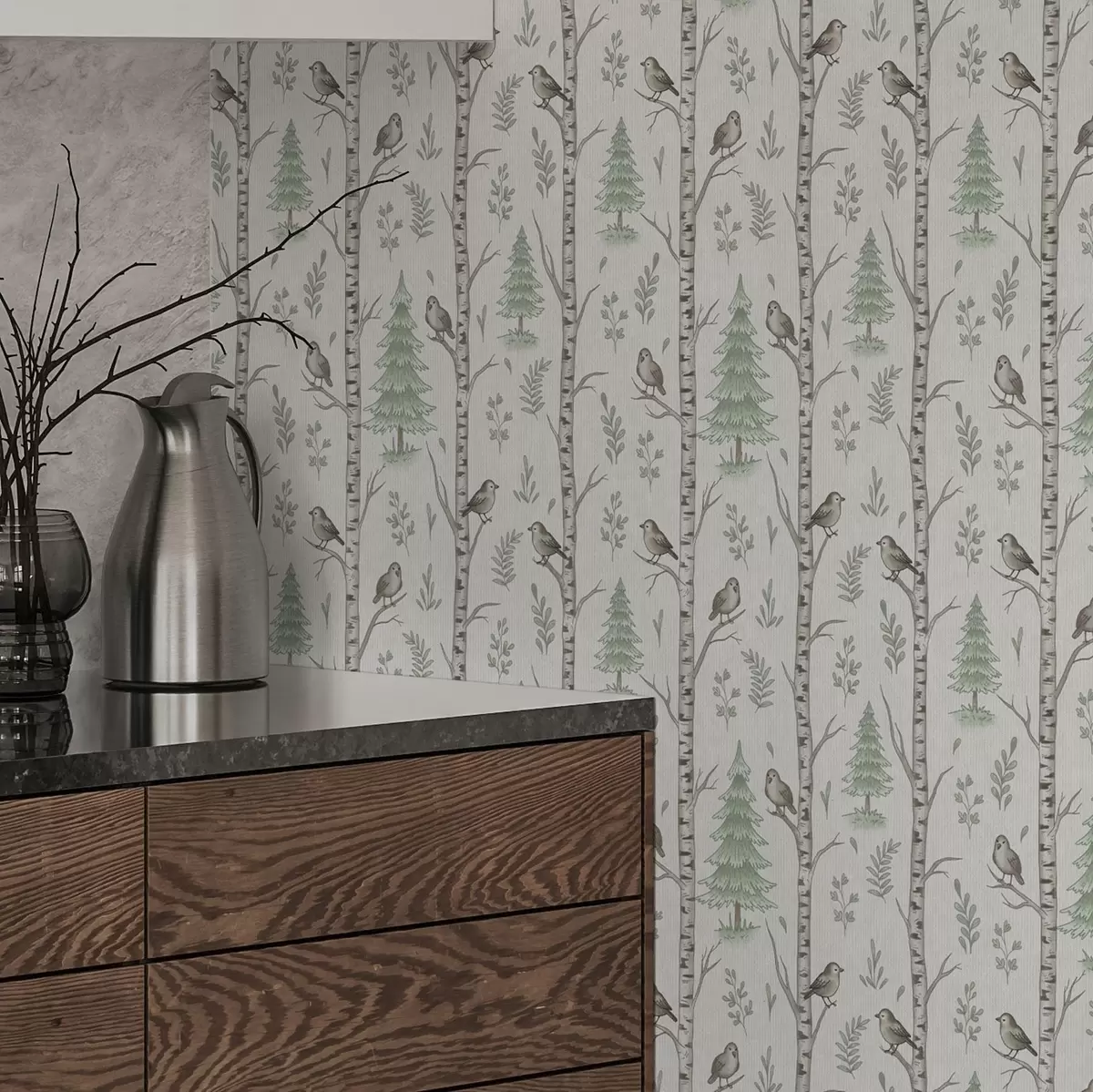 Wallpaper Merișor cu păsări într-o pădure verde deschis a00316