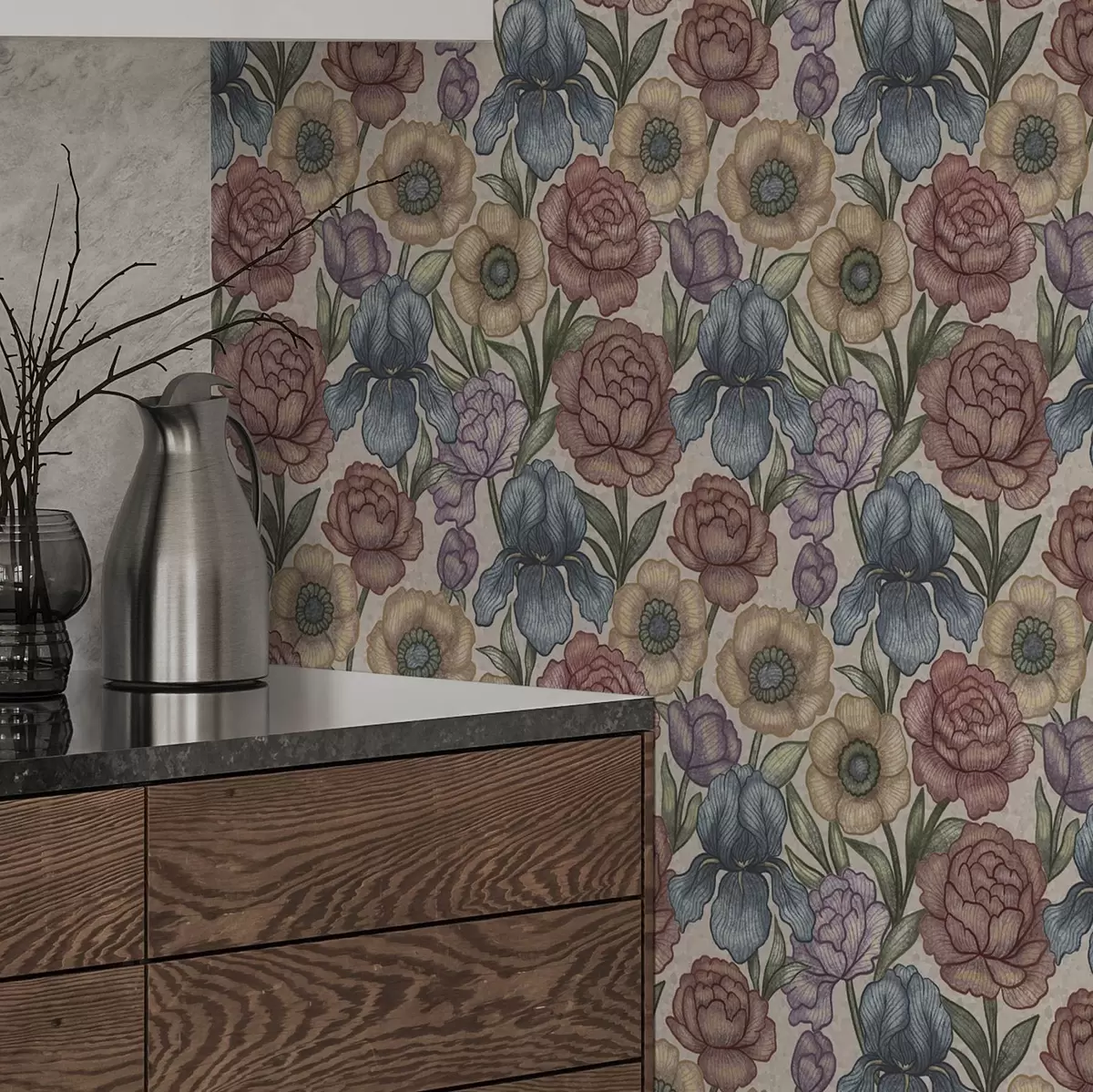 Wallpaper Ilustrații florale mari cu iriși și bujori a00325