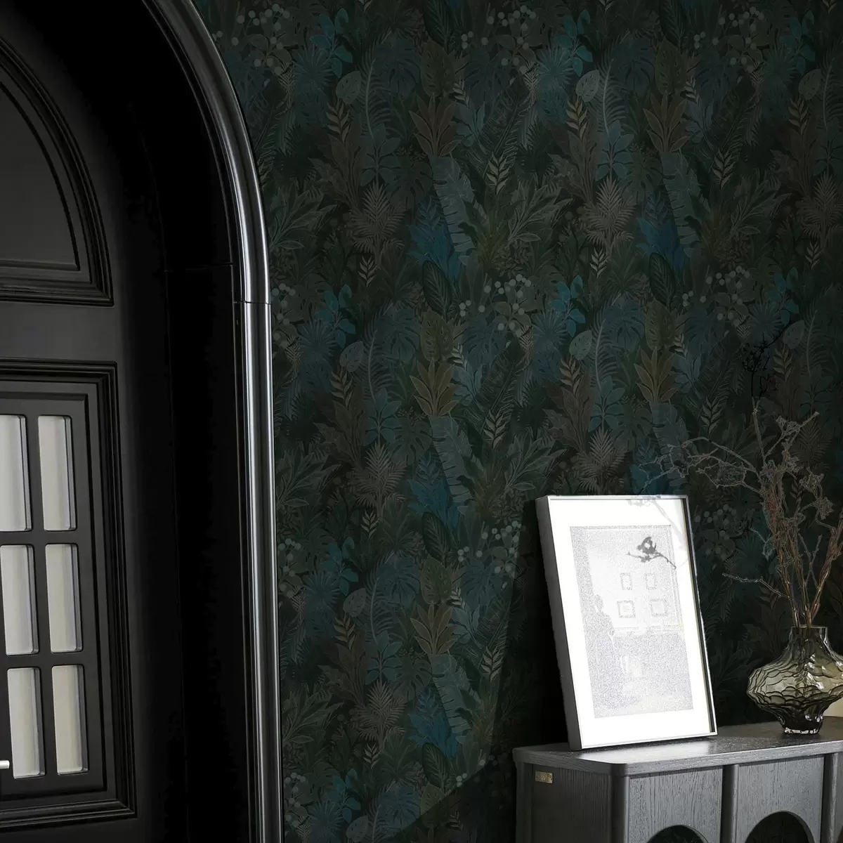 Wallpaper Frunziș tropical verde închis cu accente albastre a00327