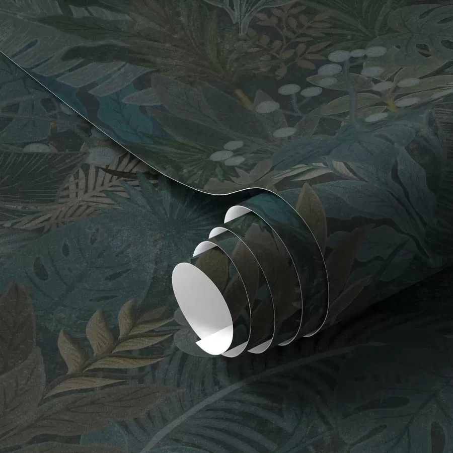 fototapet Frunziș tropical verde închis cu accente albastre a00327