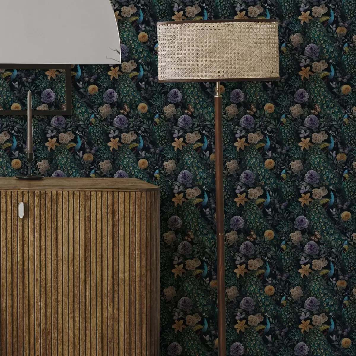 Wallpaper Păuni printre flori întunecate și fluturi a00348