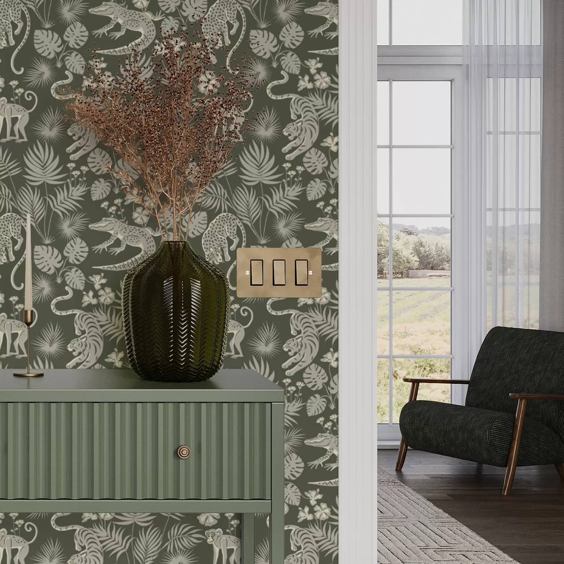 fototapet Siluete de animale sălbatice printre frunze tropicale a00404