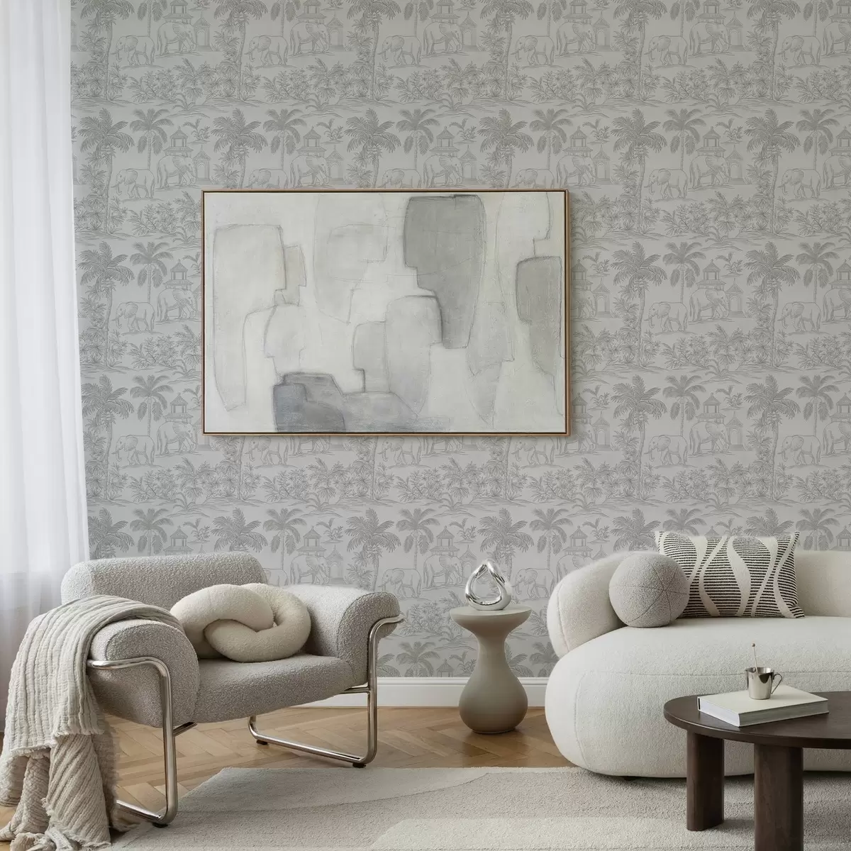 Wallpaper Elefanți monocromi și junglă în stil grafic a00410