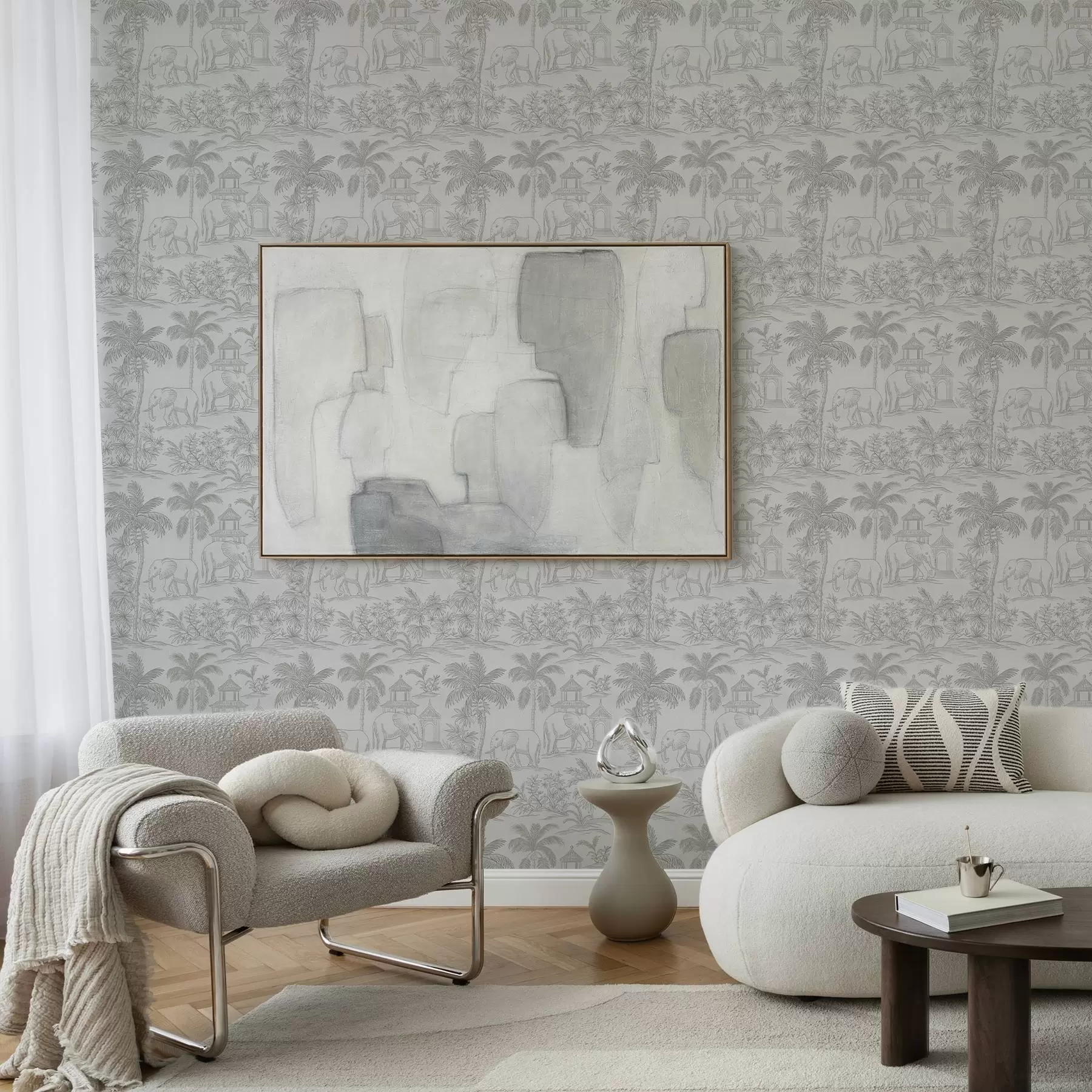 fototapet Elefanți monocromi și junglă în stil grafic a00410