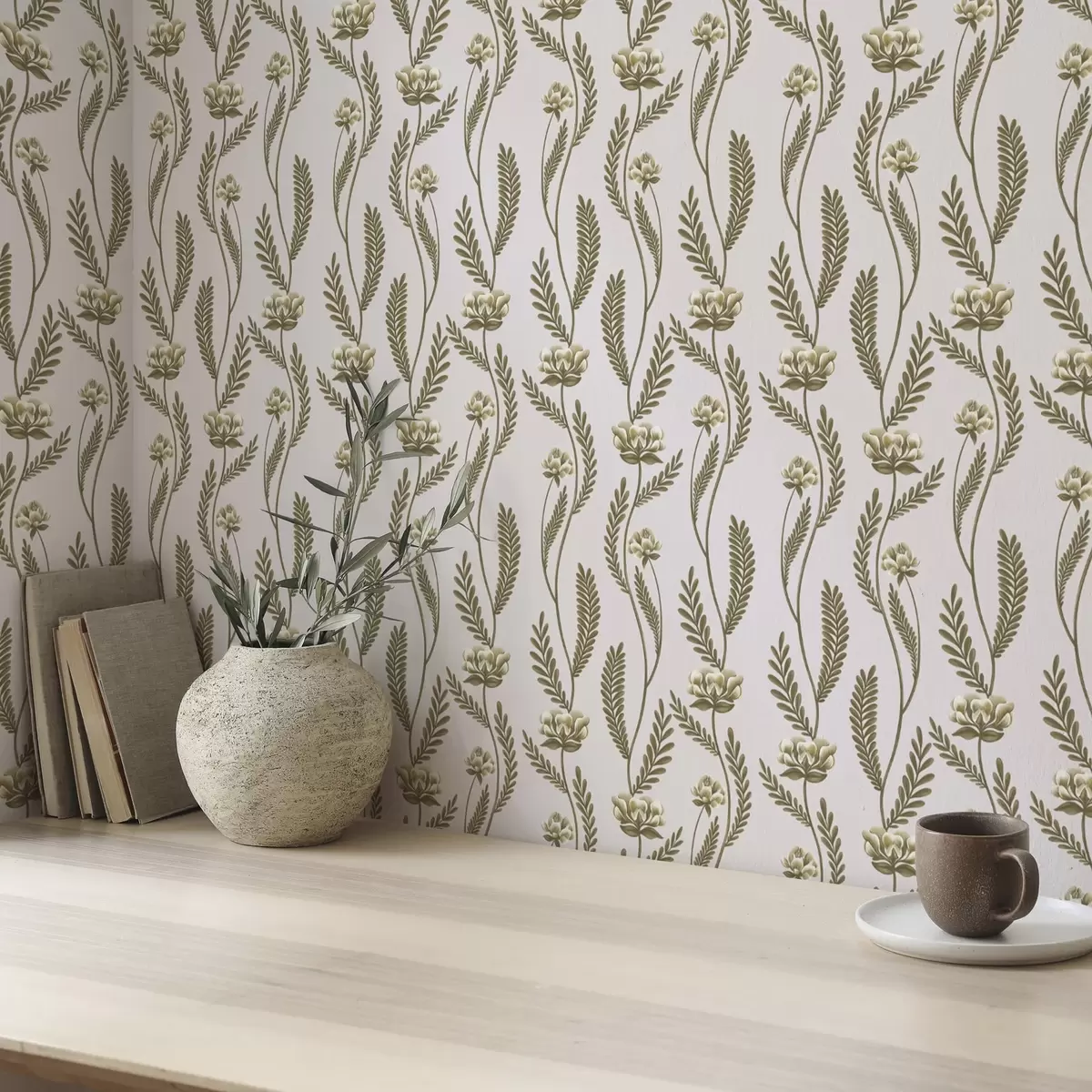 Wallpaper Ornament vertical cu flori albe pe un fundal roz a00476