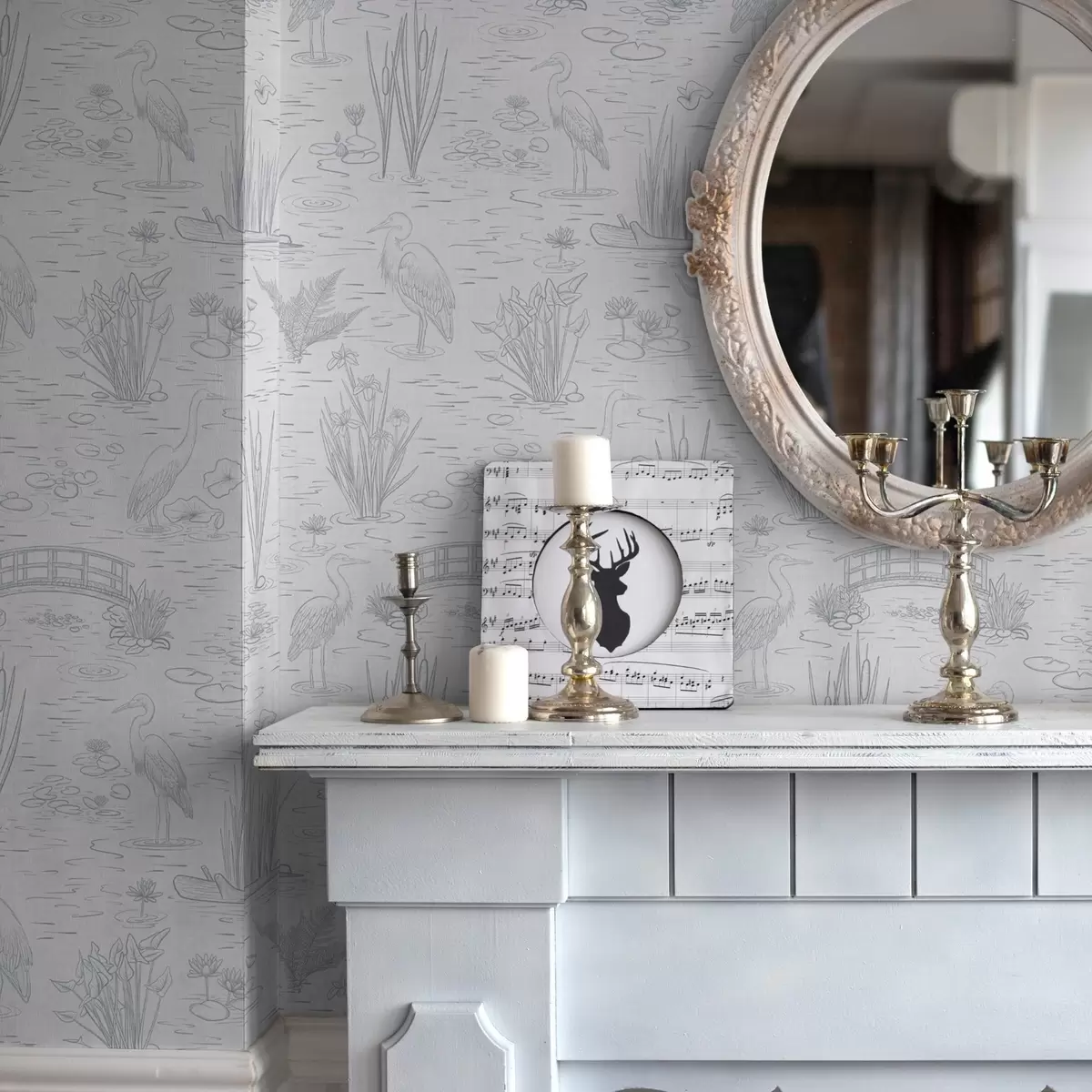 Wallpaper Desen de heringi și plante de apă în nuanțe calme de gri a00479