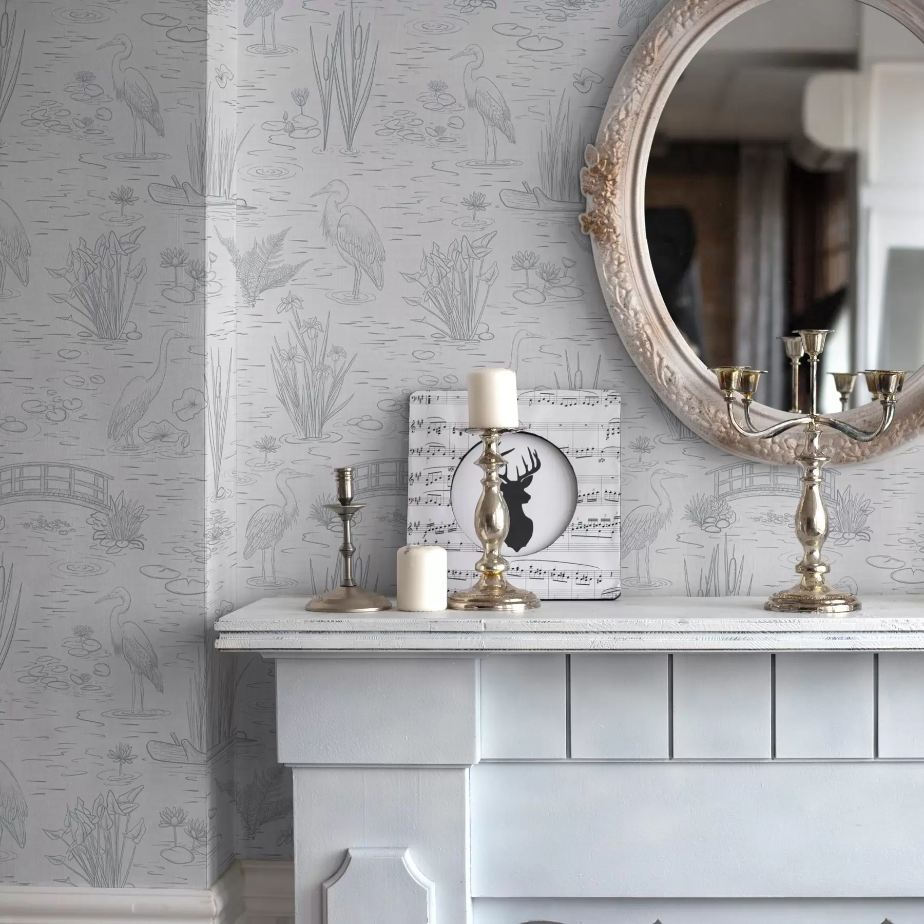 fototapet Desen de heringi și plante de apă în nuanțe calme de gri a00479