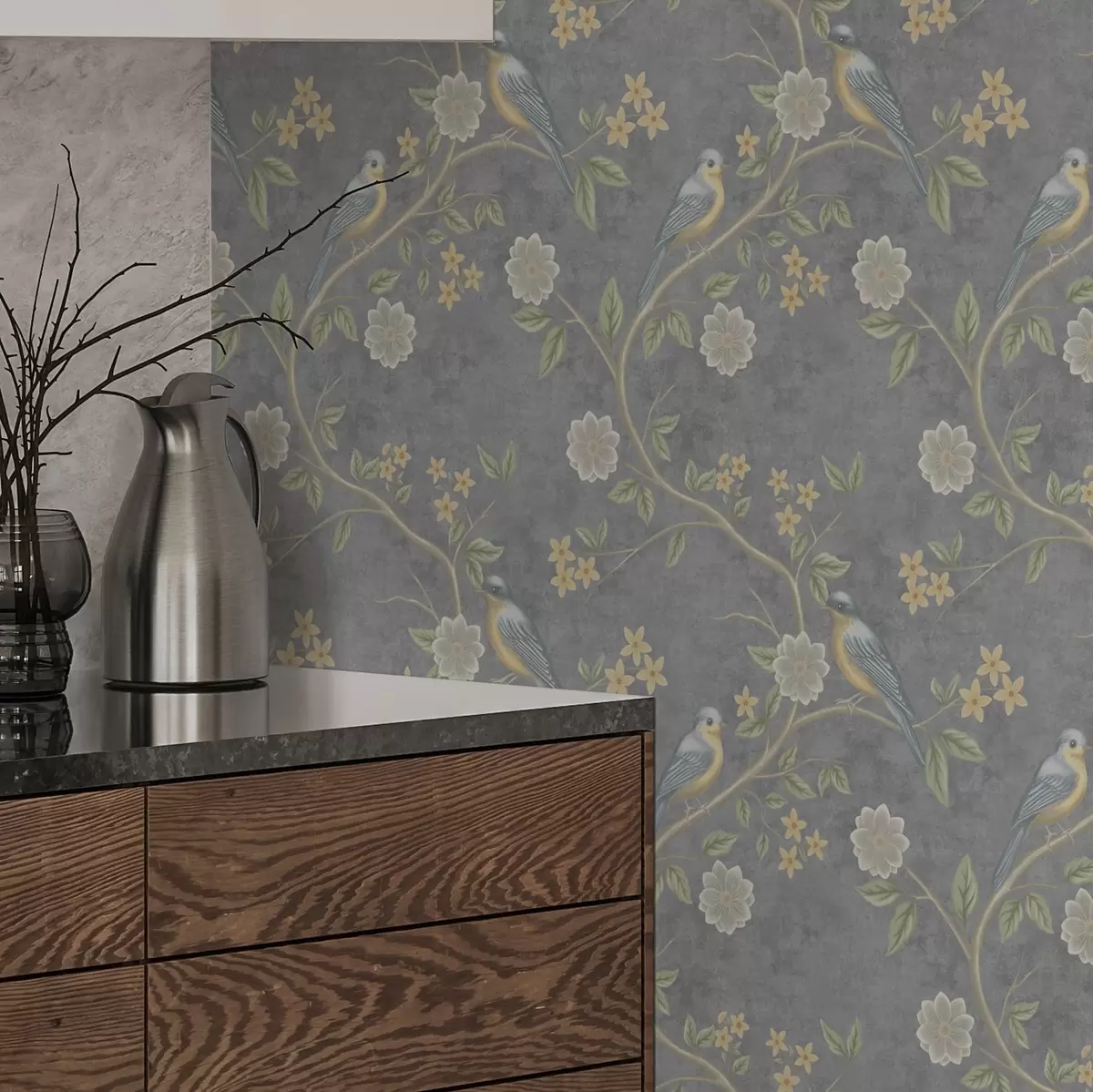 Wallpaper Păsări pe ramuri printre flori pe un fundal gri a00483