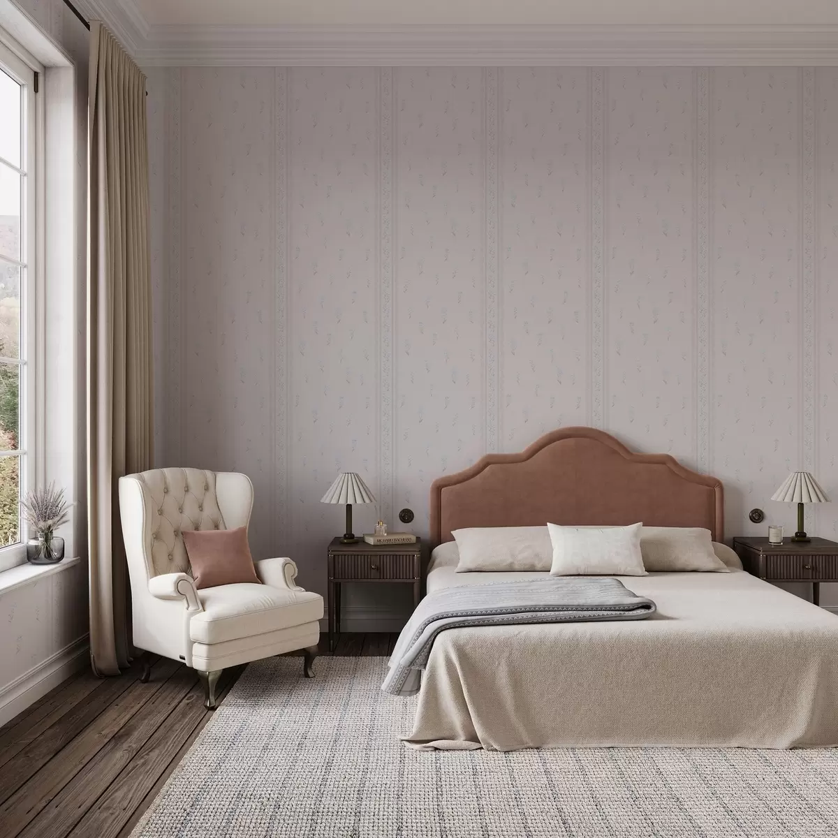 Wallpaper Fundal roz cu flori albastre delicate și margine a00484