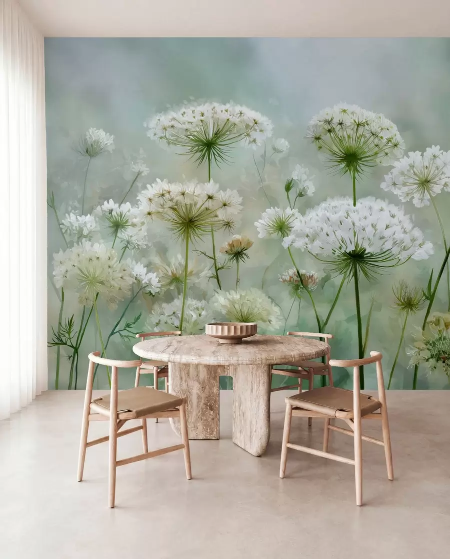 fototapet flori sălbatice albe delicate Regina Anne, într-un stil pitoresc, tonuri verzi w04313