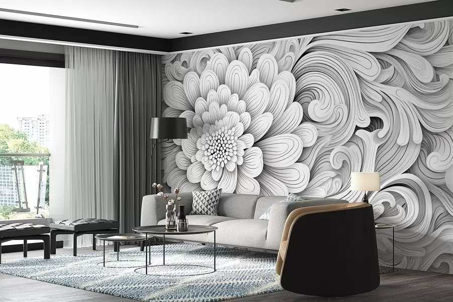 fototapet Model decorativ alb-negru în formă de floare și vârtejuri w09355