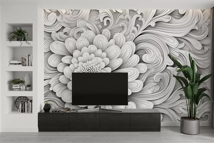fototapet Model decorativ alb-negru în formă de floare și vârtejuri w09355