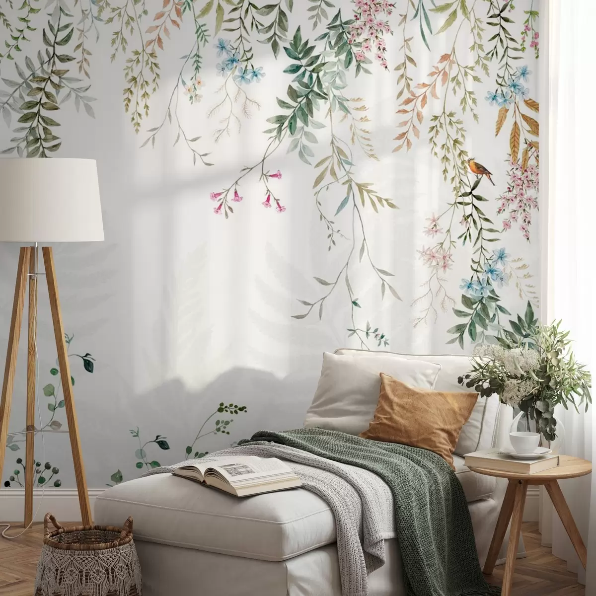 fototapet Ilustrație botanică cu ferigi, iarbă și plante agățate, tonuri pastelate, pe fundal alb stil texturat acuarelă w09364