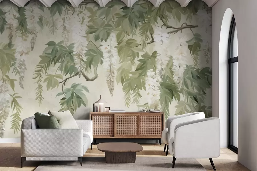 fototapet Wisteria ramuri cu flori albe și frunze verzi, fundal verde, texturat stil pictura de epocă w09375