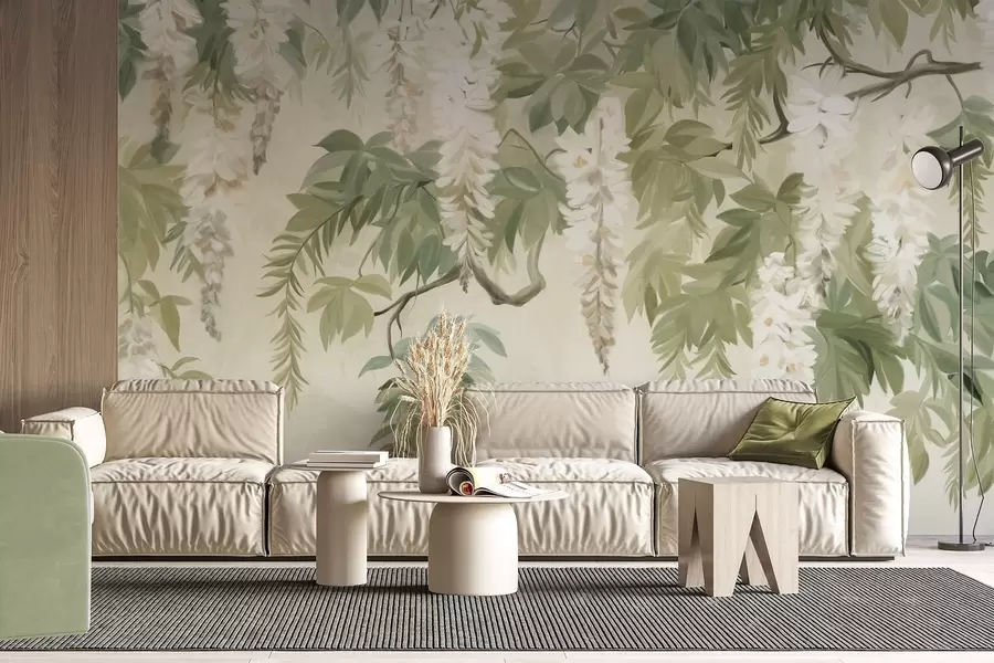 fototapet Wisteria ramuri cu flori albe și frunze verzi, fundal verde, texturat stil pictura de epocă w09375