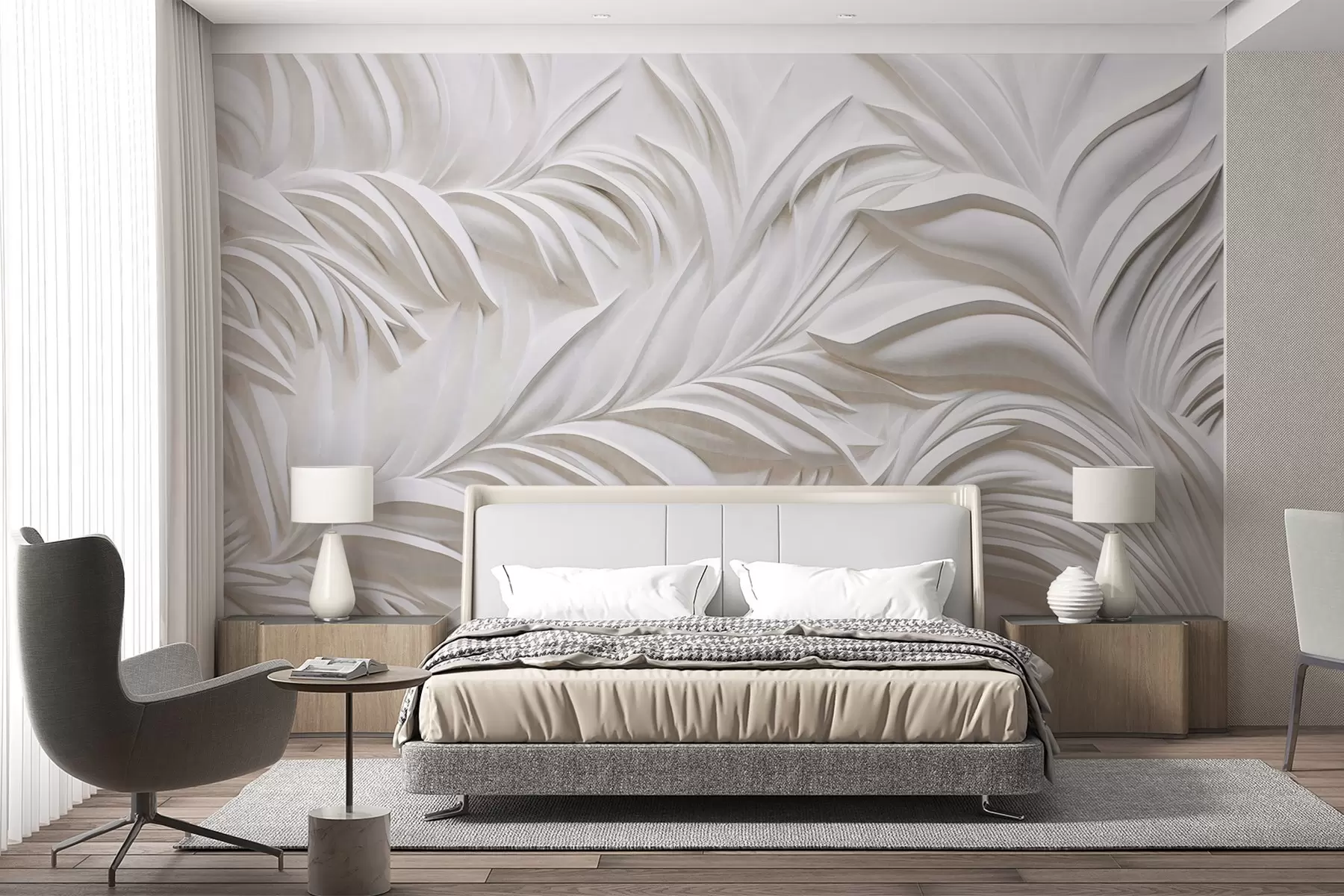 fototapet Frunze albe abstracte texturate și elemente florale, estetică minimalistă w09378