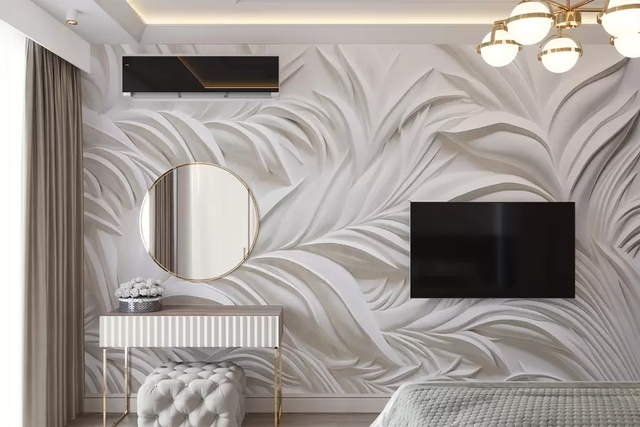 fototapet Frunze albe abstracte texturate și elemente florale, estetică minimalistă w09378