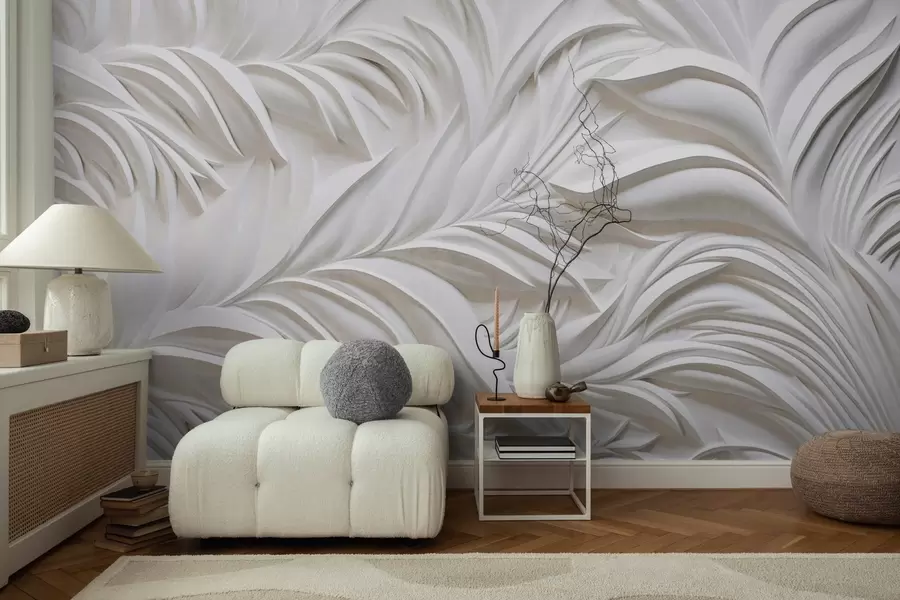 fototapet Frunze albe abstracte texturate și elemente florale, estetică minimalistă w09378