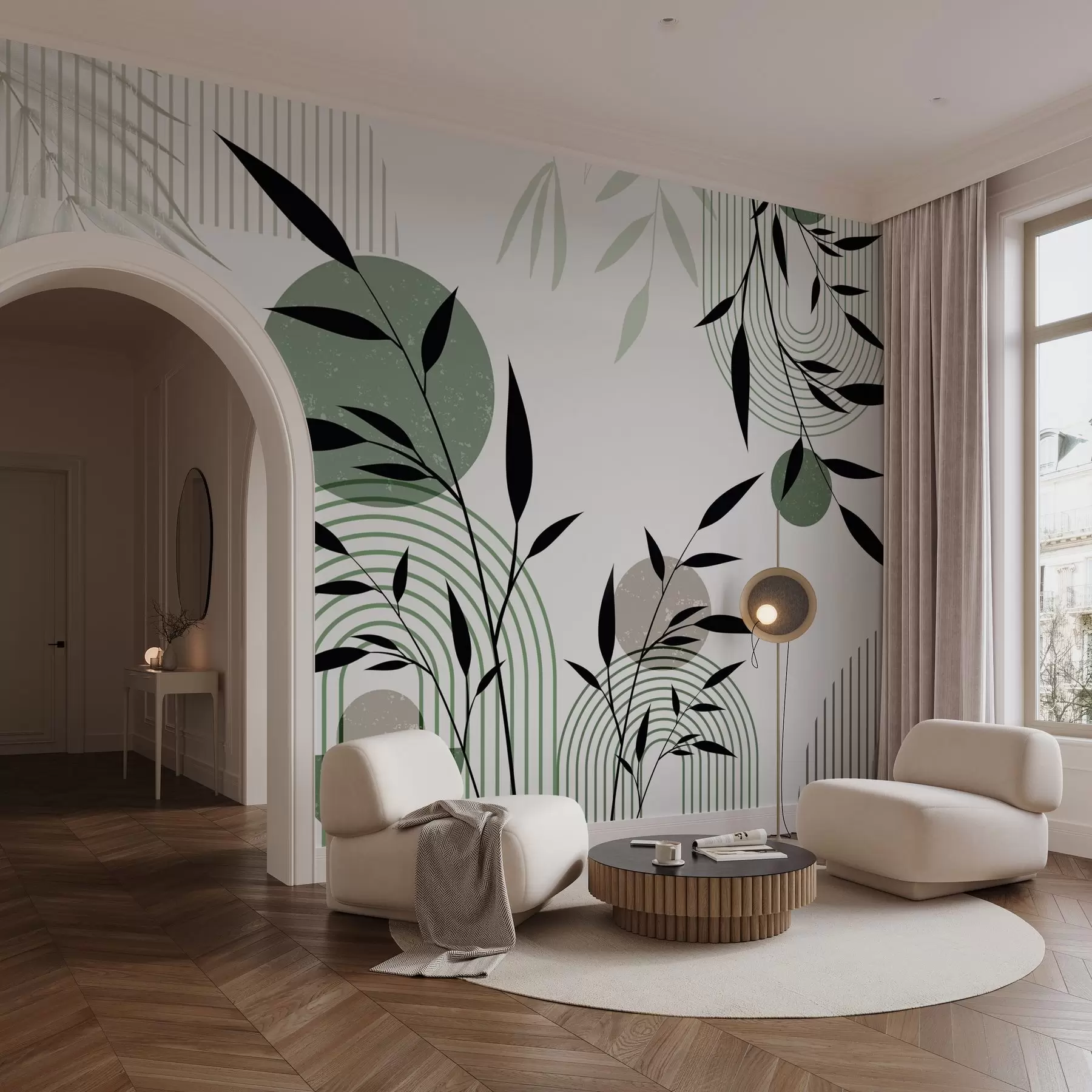 fototapet Imprimare abstractă texturată cu forme geometrice, cercuri și arcuri și plante negre și verzi pe un fundal alb w09384