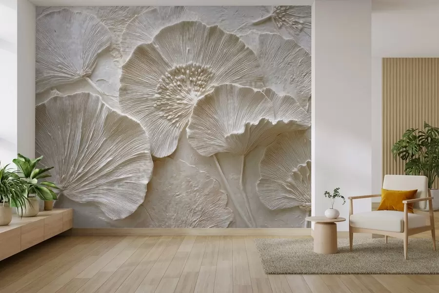 fototapet Frunze voluminoase de ginkgo într-un stil ușor în relief w04444