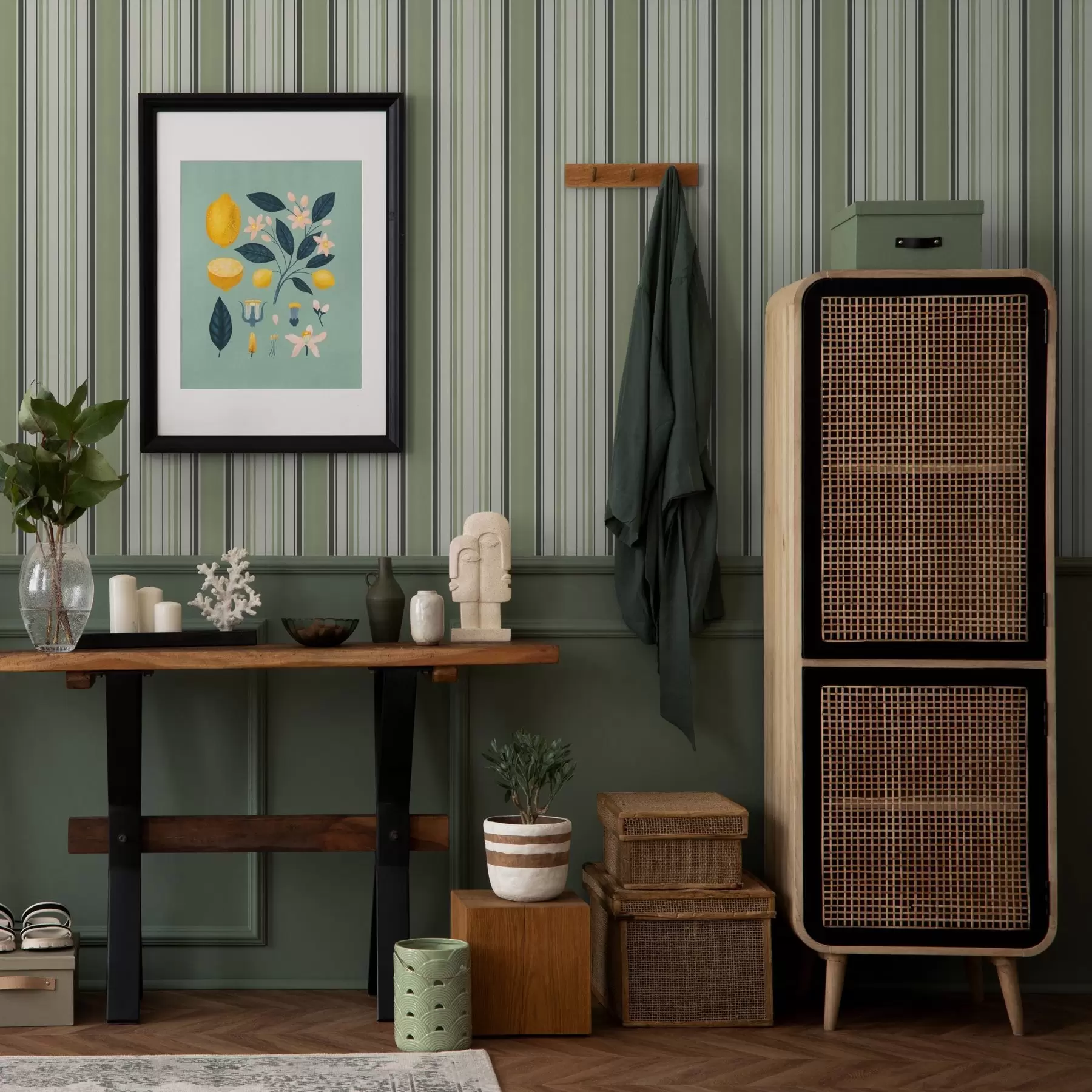 fototapet Fond crem cu un amestec de dungi verzi și negre a00563