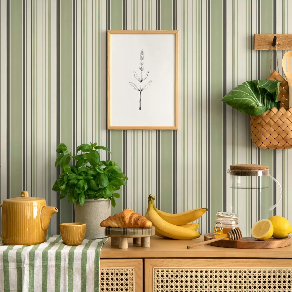 Wallpaper Fond crem cu un amestec de dungi verzi și negre a00563