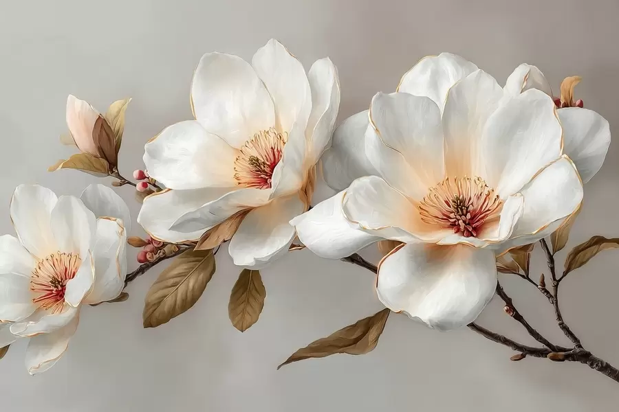 fototapet Flori delicate pe o ramură în tonuri pastelate cu centre portocalii w09299