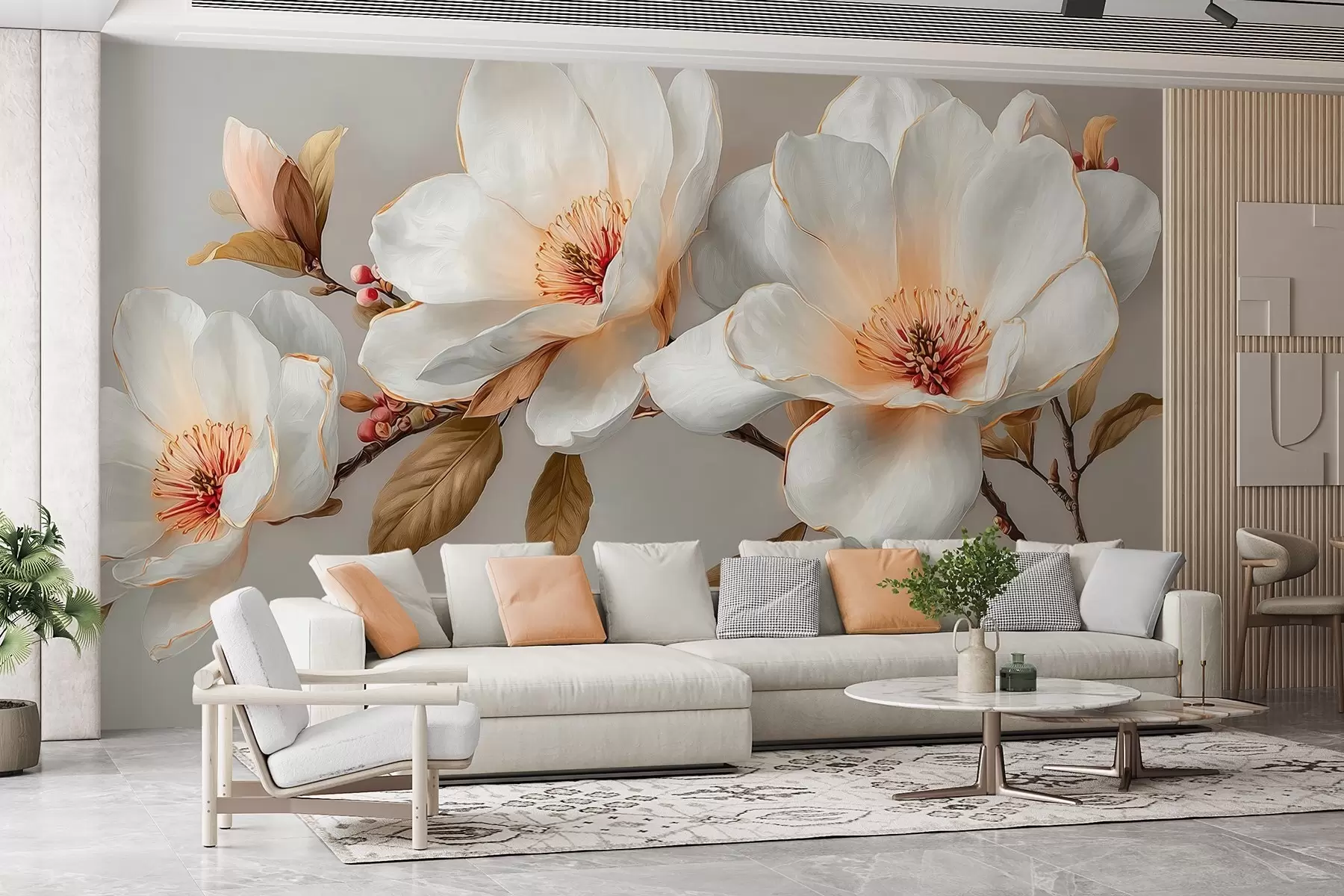fototapet Flori delicate pe o ramură în tonuri pastelate cu centre portocalii w09299