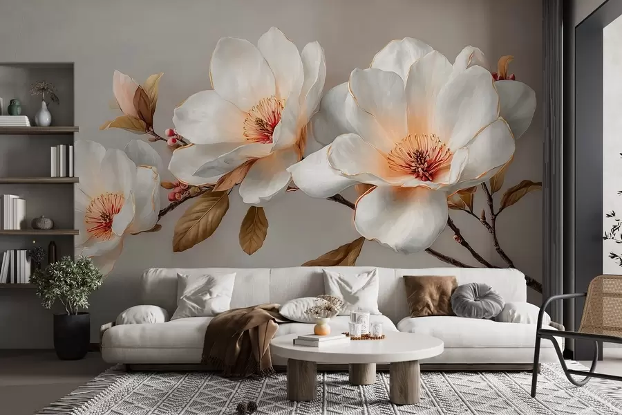 fototapet Flori delicate pe o ramură în tonuri pastelate cu centre portocalii w09299